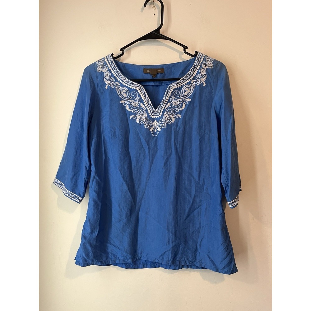 Tommy Bahama Womens XS Blue 100% Silk Embroidered Tunic Boho Beach 1/2 Sleeve
